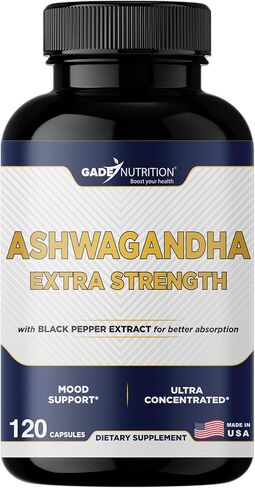 مكملات Gade Nutrition Ashwagandha - قوة إضافية ، كبسولات مسحوق Ashwagandha مع الفلفل الأسود والمزاج الطبيعي والتركيز ودعم الطاقة ، 120 كبسولات الخضروات ، الولايات المتحدة الأمريكية مصنوعة in Kuwait