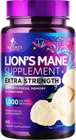 كبسولات الفطر Mane's Lion - 10: 1 مستخلص يعادل 10000 ملغ - ملحق دعم الدماغ والمناعة - التركيز ، الذاكرة ، والوضوح - Nootropic Hericium erinaceus - 60 كبسولات نباتية in Kuwait