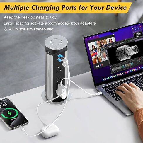 Kungfuking Pop Up Outlet Socket Recessed Retractable Power Strip Charging Station with 3 US Plug and 2 USB Ports for Kitchen Counter Island Conference Office, Black in Kuwait