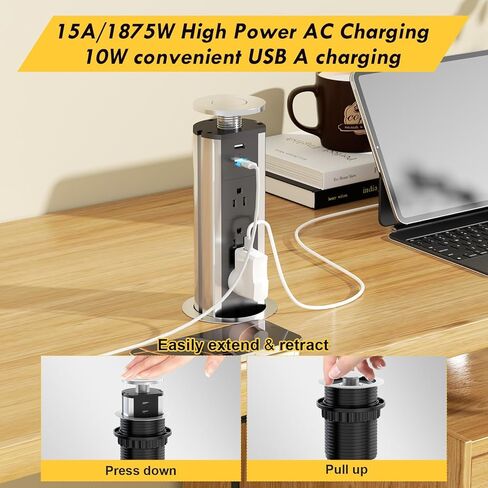 Kungfuking Pop Up Outlet Socket Recessed Retractable Power Strip Charging Station with 3 US Plug and 2 USB Ports for Kitchen Counter Island Conference Office, Black in Kuwait