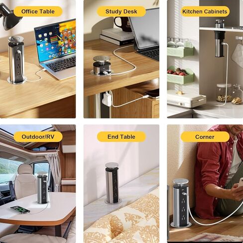 Kungfuking Pop Up Outlet Socket Recessed Retractable Power Strip Charging Station with 3 US Plug and 2 USB Ports for Kitchen Counter Island Conference Office, Black in Kuwait