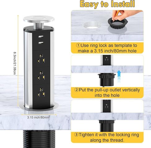 Kungfuking Pop Up Outlet Socket Recessed Retractable Power Strip Charging Station with 3 US Plug and 2 USB Ports for Kitchen Counter Island Conference Office, Black in Kuwait