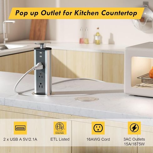 Kungfuking Pop Up Outlet Socket Recessed Retractable Power Strip Charging Station with 3 US Plug and 2 USB Ports for Kitchen Counter Island Conference Office, Black in Kuwait