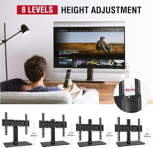 حامل تلفزيون دوار عالمي لأجهزة التلفاز مقاس 27-55 بوصة، قاعدة حامل تلفزيون على طاولة قابلة للتعديل بارتفاع مع إمالة، حامل تلفزيون مع قاعدة من الزجاج المقوى لغرفة المعيشة، يحمل ما يصل إلى 88 رطلًا، الحد الأقصى VESA 400 × 400 مم in Kuwait