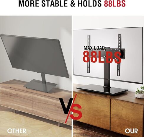 حامل تلفزيون دوار عالمي لأجهزة التلفاز مقاس 27-55 بوصة، قاعدة حامل تلفزيون على طاولة قابلة للتعديل بارتفاع مع إمالة، حامل تلفزيون مع قاعدة من الزجاج المقوى لغرفة المعيشة، يحمل ما يصل إلى 88 رطلًا، الحد الأقصى VESA 400 × 400 مم in Kuwait