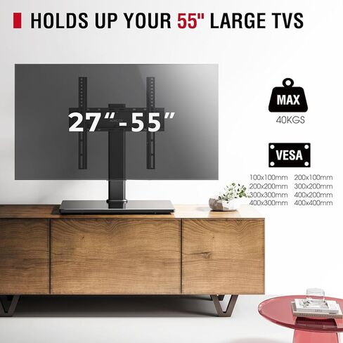 حامل تلفزيون دوار عالمي لأجهزة التلفاز مقاس 27-55 بوصة، قاعدة حامل تلفزيون على طاولة قابلة للتعديل بارتفاع مع إمالة، حامل تلفزيون مع قاعدة من الزجاج المقوى لغرفة المعيشة، يحمل ما يصل إلى 88 رطلًا، الحد الأقصى VESA 400 × 400 مم in Kuwait