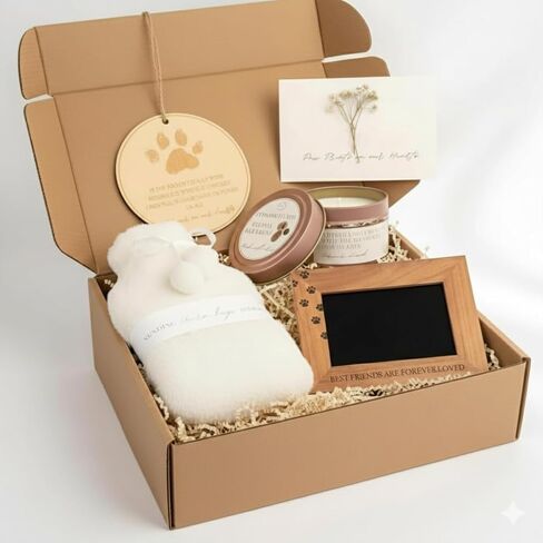 Pet Loss Bereavement Gift Box, Wooden Frame with Quote, Remembrance Ornament, Dried Flower Card, Hot Water Bottle, Oud Scented Candle in Saudi Arabia