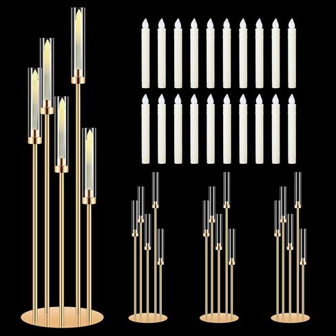 4 Set 5 Arm Gold Candle Holder with Acrylic Lampshade, 41.3'' Tall Candlesticks Holder for Christmas Wedding Housewarming Gift,Metal Candle Holders Candlestick Centerpiece,Fit 0.87'' LED Candle in Saudi Arabia