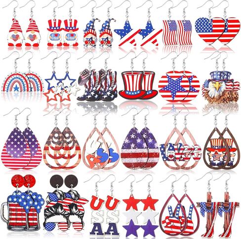 Nosiny 36 أزواج أقراط وطنية كبيرة للنساء في الرابع من يوليو للأقراط الخشبية الخفيفة الاستقلال يوم الذكرى يوم النبذ in Kuwait