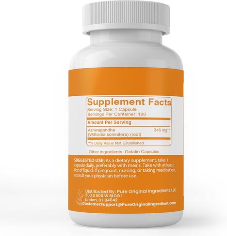 PURE ORIGINAL INGREDIENTS Ashwagandha (100 Capsules) Always Pure, No Additives Or Fillers, Lab Verified in Saudi Arabia