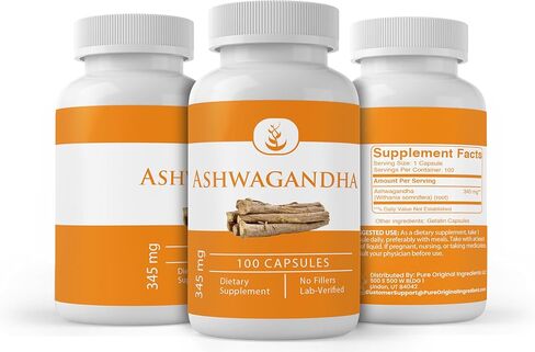 PURE ORIGINAL INGREDIENTS Ashwagandha (100 Capsules) Always Pure, No Additives Or Fillers, Lab Verified in Saudi Arabia