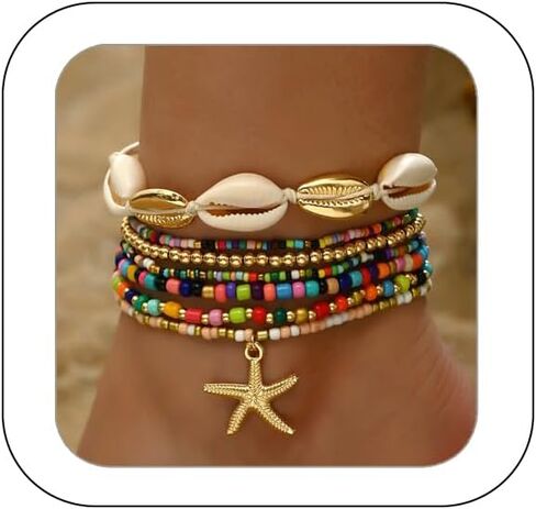 Todenb Seashell Anklets for Women Colorful Starfish Mermaid Ankle Bracelet Fashion Shell Beaded Anklet Set Boho Beachy Seashell Ankle Bracelet for Women Waterproof Hawaii Summer Mermaid Jewelry in Saudi Arabia