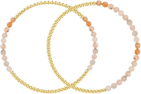 Kainier Gold Beaded Bracelets for Women 2Pairs 14K Gold Plated Stretch Bracelet Set Stackable Tarnish Dainty Natural Stone Bead Bracelets Gift in Kuwait
