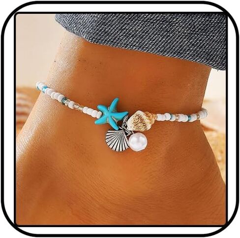 Ankle Bracelet for Women Beach Puka Shell Anklet Waterproof Starfish Seashell Pearl Anklets Stretch Beaded Ankle Bracelets Boho Beach Anklet Jewelry for Summer Beach Party in Kuwait