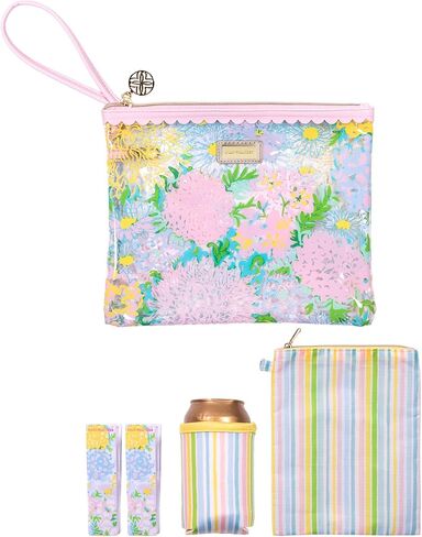 Lilly Pulitzer Water Resistant Vinyl Beach Day Pouch, Zipper Bag Includes Drink Hugger, Small Pouch, and Towel Clips, Lime Feeling Good in Saudi Arabia