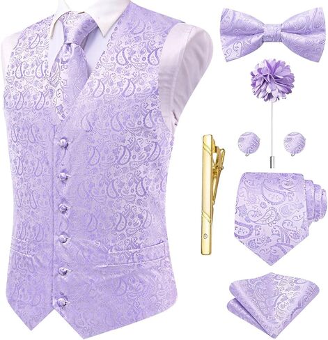 Hi-Tie Silk Mens Suit Vest Tie and Bowtie Lapel Pin Gold Tie Clip Paisley Floral Waistcoat 8PCS Set Tuxedo Wedding Party in Saudi Arabia