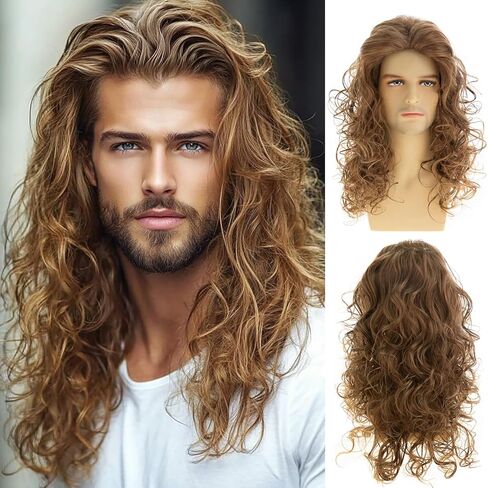 Mens Long Curly Wavy Brown Wig Synthetic Rocker Punk Halloween Cosplay Hair Wig in Saudi Arabia