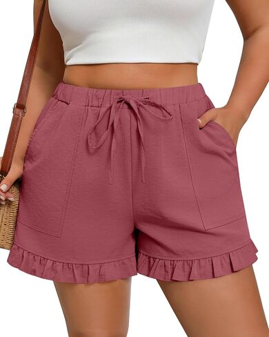 Women's Plus Size Casual Shorts Drawstring Elastic Waist Linen Shorts Summer Wide Leg Lounge Shorts with Pockets in Saudi Arabia