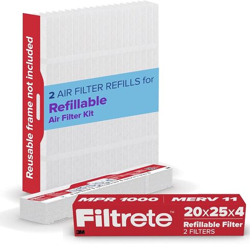 Filtrete 20x25x4 Refillable Air Filter replacement, MPR 1000, MERV 11, Allergen Defense, 2 Pack, use with reusable air filter frame of Filtrete Refillable Air Filter Kit 20x25x4, for HVAC, Furnace, AC in Kuwait