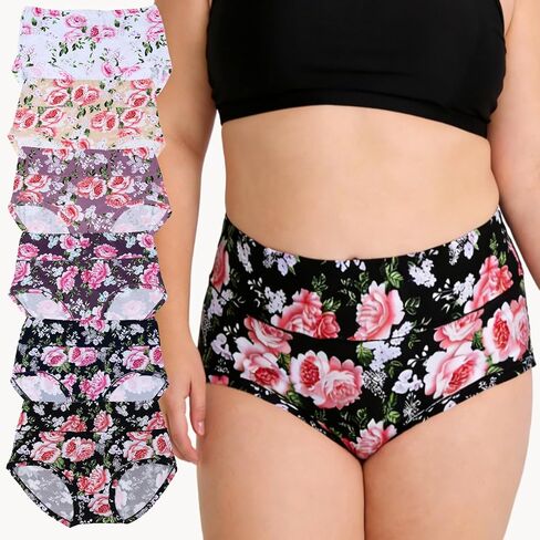 Women's Underwear Plus Size Panties High Waist Rose Floral Print 6 Pack XL-6XL Female Plus Brief Ladies Undies in Kuwait
