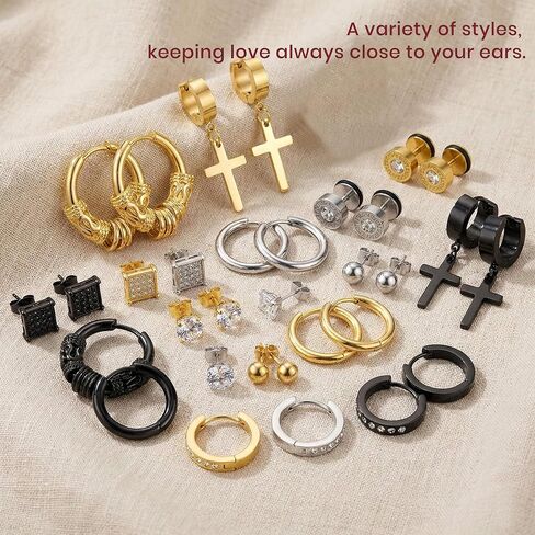 15 زوجًا من الأقراط المطبوعة للرجال والنساء ، فضي سوداء 14 كيلو مقعد الذهب مقعدة الأقطار 5 أزواج من كل أزياء الأذن مثقرة المجوهرات عبر الأقراط in Kuwait