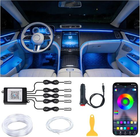 Car LED Lights Interior Wireless 5 in 1 RGB Ambient Lighting Kit with 236" Fiber Optic, 16 Million Colors, APP Music Sync, Waterproof Strip Lights for Cars, Trucks, SUVs in Kuwait
