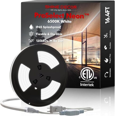 Shine Decor LED Neon Rope Lights AC 120V, ETL-Listed Flexible 120LEDs/M Dotless Strip Lighting, Custom Cuttable & IP65 Waterproof for Indoor Outdoor, 6500K Cool White, 150FT in Kuwait