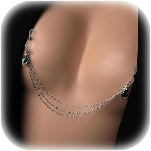 Sexy Green Crystal Pendant Non Piercing Nipple Chain Jewelry for Women Layered Drop Chest Chain Jewelry Festival Rave Nipple Accessories Jewelry in Saudi Arabia