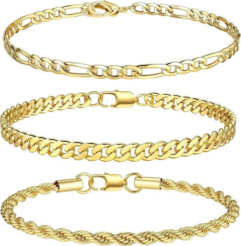 Loyallook 3PCS سلسلة أساور للرجال ، 316L من الفولاذ المقاوم للصدأ فيجارو حبل كوبي سوار للرجال النساء 14K الذهب/الفضة ، وهدايا لزوج أبي 6.5/7/7.5/8.3/9 بوصات in Saudi Arabia