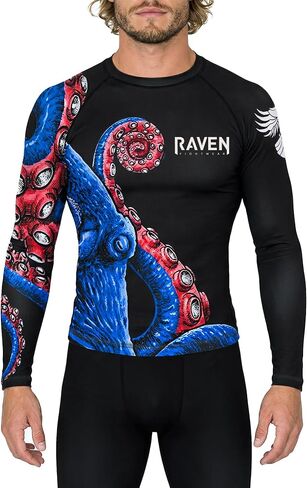 Raven Fightwear Men's Kraken Octopus BJJ Rash Guard MMA Red/White/Blue in Kuwait