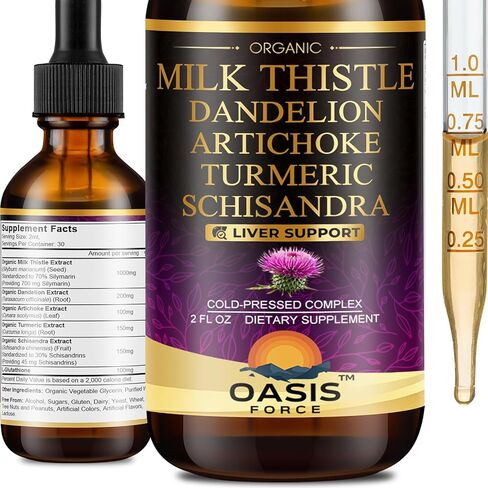 Oasisforce Organic Milk Thistle Extract Liquid for Liver Cleanse Detox & Repair, Silymarin Milk Thistle Drops Supplement with Dandelion & Artichoke for Liver Support, Vegan, Alcohol-Free, 2 FL OZ in Saudi Arabia