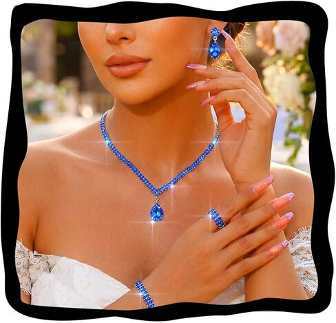 Aukmla Rhinestones Bridal Wedding Jewelry Set Crystal Necklaces Earrings Bracelet Ring Sets Prom Jewelry for Women and Brides in Kuwait