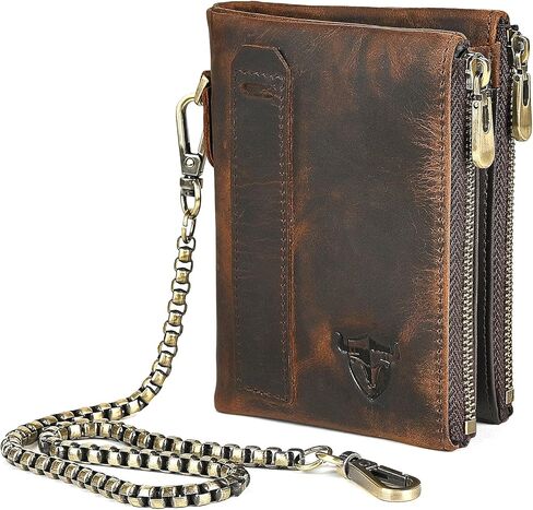 Oil Wax Genuine Leather Travel Gift Coin Pocket Card Case Vertical Chain Rfid Wallet Purse With Snap For Men Male 1802 (Brown) in Kuwait