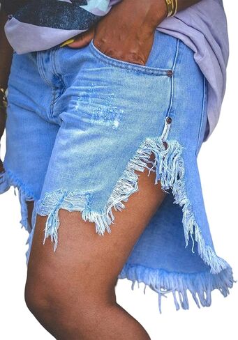 Women's High Waist Ripped Denim Shorts Tassels Hem Distressed Stretchy Trendy Summer Jean Shorts in Saudi Arabia