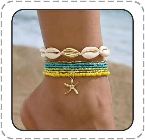 Shell Starfish Anklets Bracelet for Women,Boho Seashell Beaded Anklet Colorful Beaded Puka Shell Anklet Summer Beach Waterproof Surfer Starfish Anklets Jewelry in Saudi Arabia