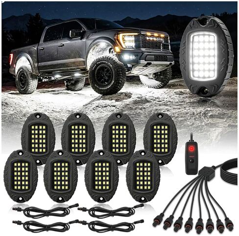 4 Pods Pure White LED Rock Light, Waterproof Aluminum 6000K Bright White Neon Underglow Light with Harness, Metal Fender Lights for Trucks Trailer Off Road ATV UTV SUV in Kuwait