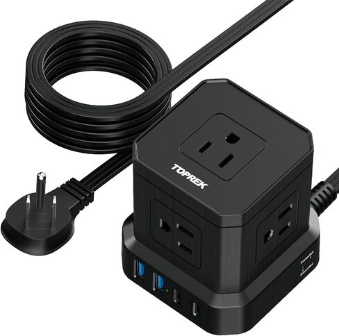 Power Strip with USB, TOPREK Power Strip Tower with 9 AC, 1 USB-C, 3 USB-A, Convertible Outlet Extender & Desk Charging Block with 6.5 FT Flat Plug Extension Cord for Home Office, Kitchen 1625W/13A in Kuwait