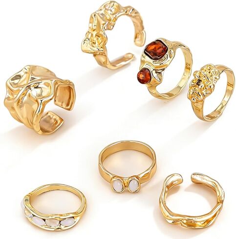 BUYITO Chunky Gold Statement Rings for Women Dainty Gemstone Crystal Ring Stackable Opening Adjustable Knuckle Bold Thick Irregular Ring Set Vintage Jewelry in Kuwait
