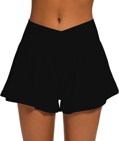 Womens Crossover Athletic Shorts Wide Waistband Flowy Tennis Sports Skorts with Pockets in Kuwait