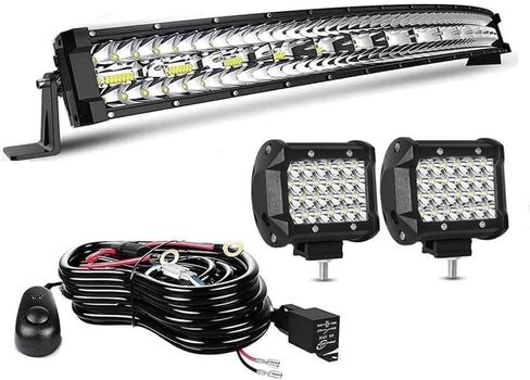 LED LID LIGHT BAR- 20/22 بوصة منحنية 390W صف ثلاثي الطرق على الطرق الوعرة بقعة كومبو كومبو بار + 4pc 4inch 72w LED أضواء جراب مع تسخير الأسلاك تناسب شاحنات صغيرة سيارات الدفع الرباعي ATV UTV Boat Boat Lights in Kuwait
