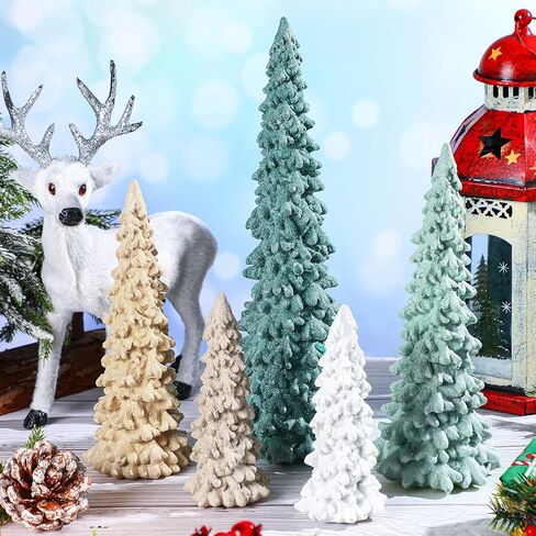 5 Pcs Sage Green Christmas Tree Figurines 11''/ 8.6''/ 7''/4.7'' Glittered Christmas Trees Resin Stone Christmas Holiday Figurines Christmas Desk Decor Centerpieces for Tabletop Decorations in Saudi Arabia