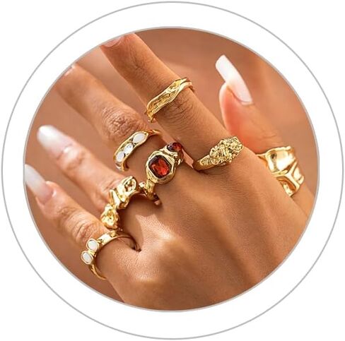 Chunky Knuckle Rings for Women 14K Gold/Silver Plated Crystal Zirconia Ring Set Stacked Opening Adjustable Rings Liquid Irregular Ring Set Prom Jewelry in Kuwait