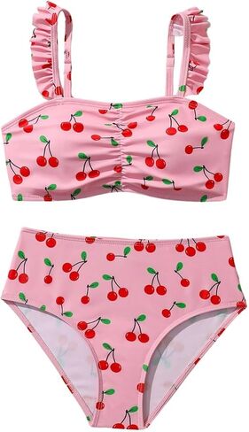 فتاة 2 قطعة كرز طباعة السباحة الكشكش تقليم Ruched بدلات الاستحمام لطيف in Kuwait