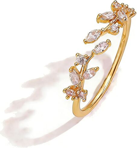Gold Rings Non Tarnish Silver Adjustable Rings for Women Cubic Zirconia Leaf Ring Dainty Silver Stackable Ring for Women in Kuwait