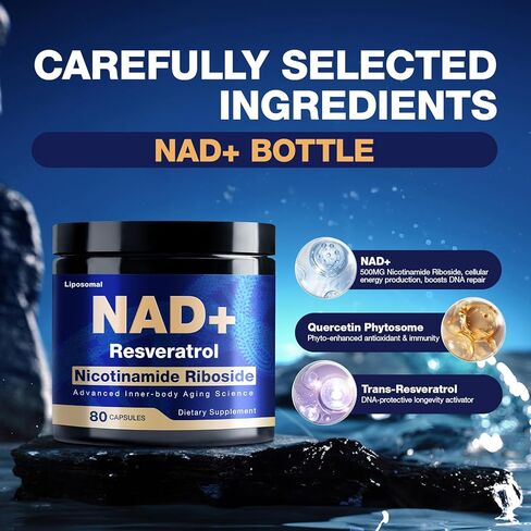 ملحق NAD - Nad Nicotinamide الريبوسيد ريسفيراترول 900mg ، مكملات NAD الشحمية للنساء والرجال ، تدعم الطاقة الخلوية ، مضادة للشيخوخة ، الدماغ والعضلات in Kuwait