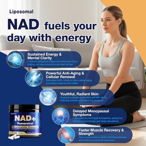 ملحق NAD - Nad Nicotinamide الريبوسيد ريسفيراترول 900mg ، مكملات NAD الشحمية للنساء والرجال ، تدعم الطاقة الخلوية ، مضادة للشيخوخة ، الدماغ والعضلات in Kuwait