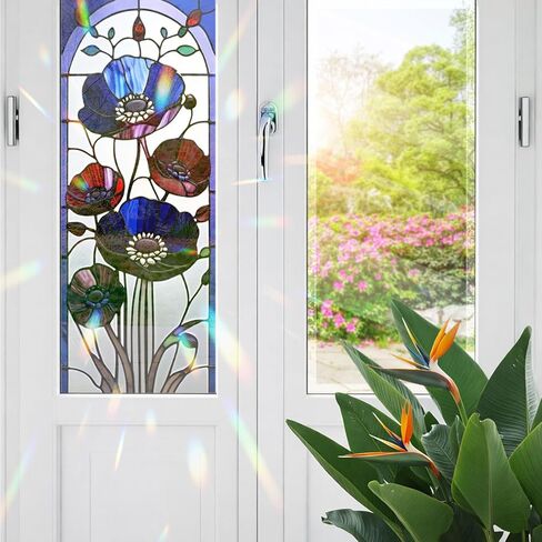 Ancient Oak Tree & Sunset Glow Stained Glass Window Film, Decorative Ancient Oak Tree & Sunset Glow Stained Glass Window Film, Ancient Oak Tree Stained Glass Window Film for Bathroom Door Heat Anti UV in Kuwait