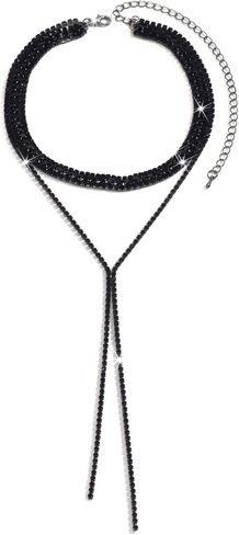 Rhinestone Choker Necklace for Women Silver Black Rhinestone Layered Y Neckalces Layered Choker Neckalces Dainty Fashion Long Tassel Neckalce for Women in Kuwait