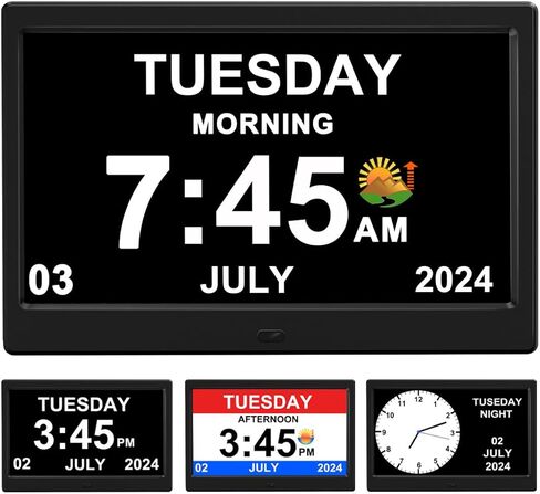 المنبه على مدار الساعة مع يوم وتاريخ كبار السن التقويميين الإطار صورة الصورة- عرض تلقائي قابلة للضرب 15 خيار إنذار (7 بوصات أسود) in Kuwait