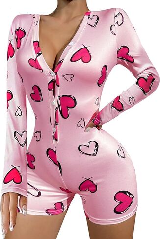 Wdirara Women's Heart Print Romper v Neck Long Cleeve Button Front Shost Sexy Onesie Pajama BodyCon بشكل عام in Kuwait